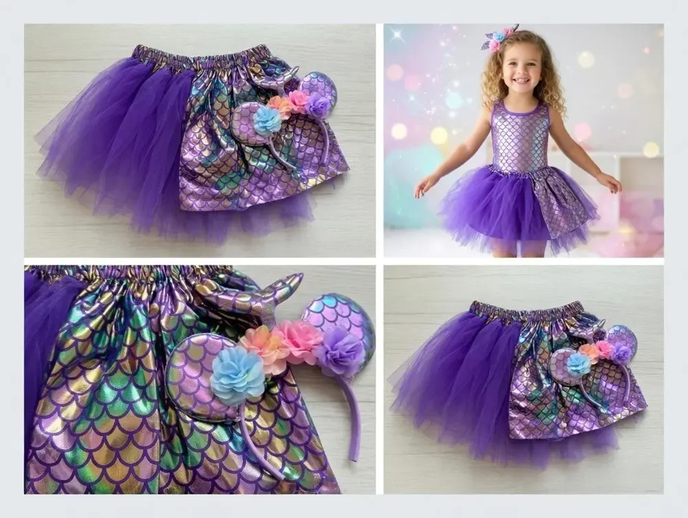 Purple Mermaid Tutu Skirt + Headband Set – Size 3 Years